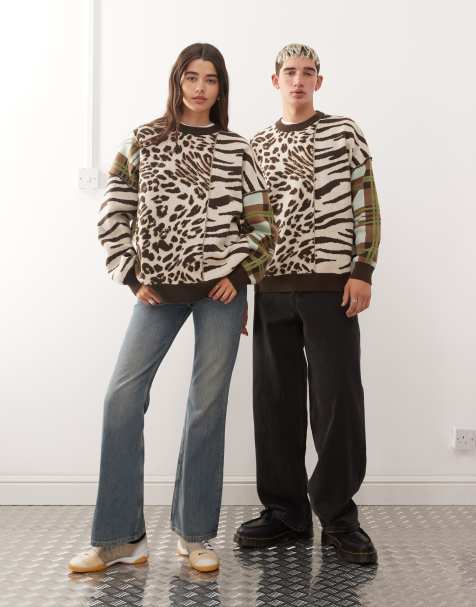 COLLUSION Unisex knitted spliced animal print jumper sweater in boxy fit 