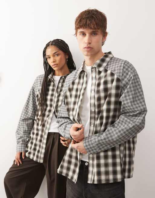 COLLUSION Unisex spliced oversized shirt in grey check, 2 of 4