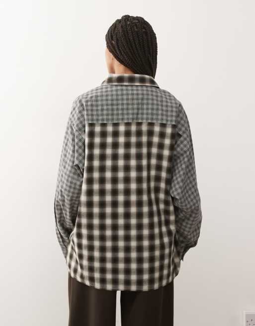 COLLUSION Unisex spliced oversized shirt in grey check, 3 of 4
