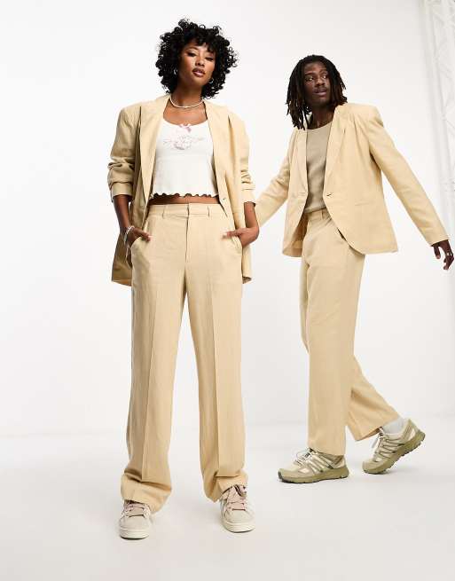 COLLUSION Unisex single wrap linen blazer pants set in neutral