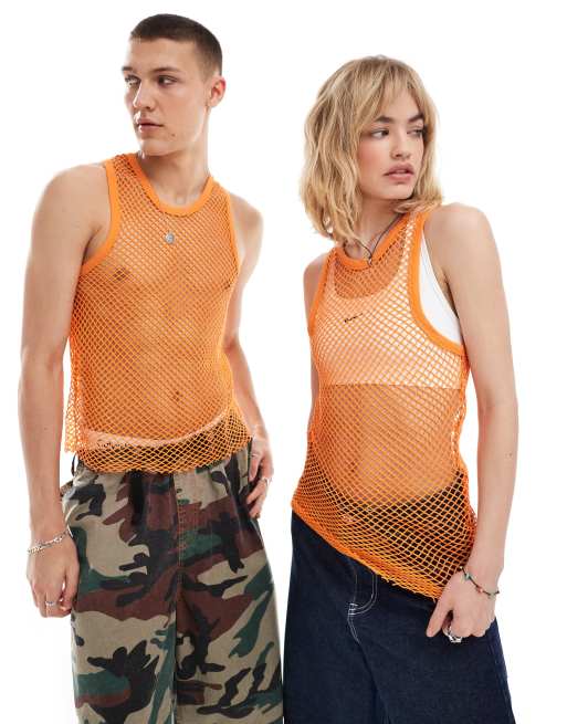 COLLUSION Unisex – Strand-Trägertop in Orange aus grobem Netzstoff