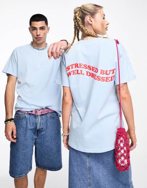 COLLUSION Unisex stressed but well dressed slogan t-shirt in blue