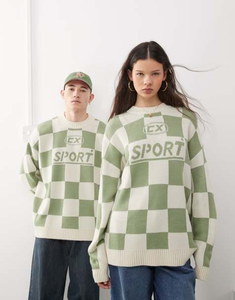 COLLUSION Unisex – Strick-Sweatshirt in Grün mit Schachbrettmuster - view 1