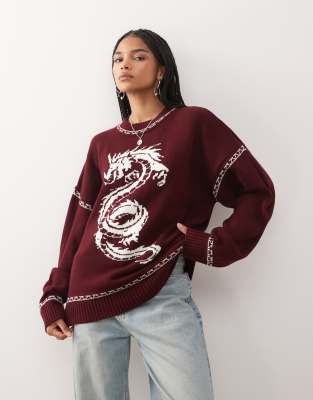 COLLUSION Unisex - Strickpullover in Burgunderrot mit Drachenmotiv