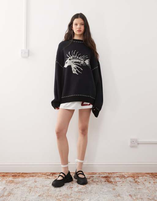 COLLUSION Unisex - Strikket sweater med fiskebensprint, 2 af 4