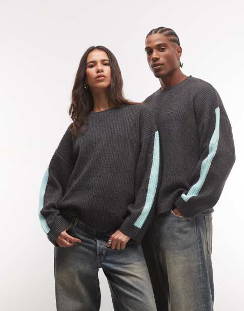 COLLUSION Unisex stripe sleeve oversized crew new jumper in grey - view 1