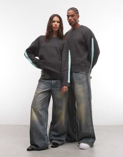 COLLUSION Unisex stripe sleeve oversized crew new jumper in grey, 2 of 4