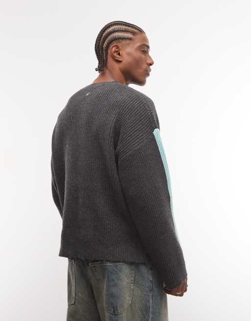 COLLUSION Unisex stripe sleeve oversized crew new jumper in grey, 3 of 4