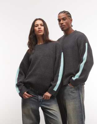 Collusion Unisex Stripe Sleeve Oversized Crew Sweater In Gray
