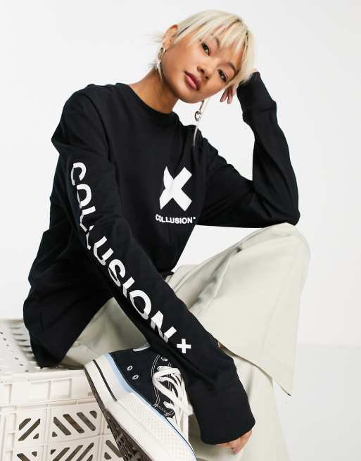 COLLUSION Unisex – Svart t-shirt med långa ärmar och logga av bomull, 4 av 4