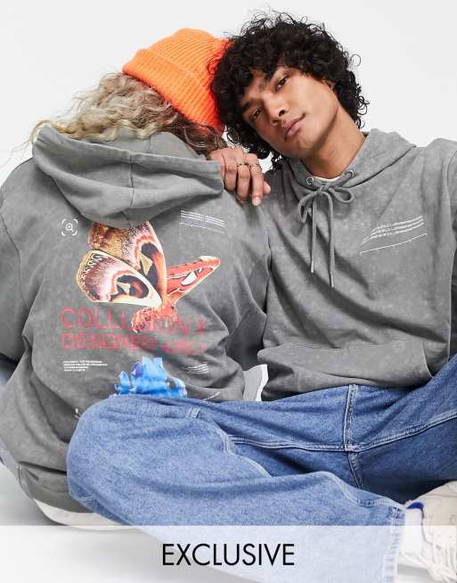 Collusion Unisex Sweat à Capuche Imprimé Gris Délavé Asos