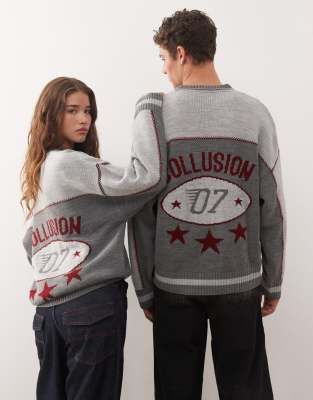 COLLUSION Unisex - Sweat en maille à imprimé façon course-Gris