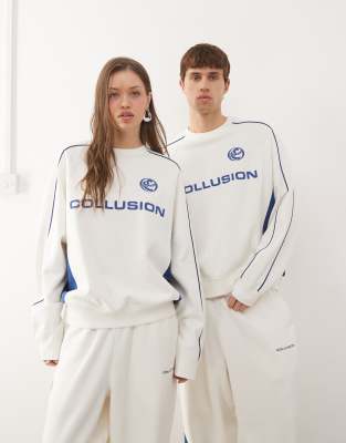 COLLUSION Unisex - Sweat style football d'ensemble coupe carrée - Crème et bleu-Blanc