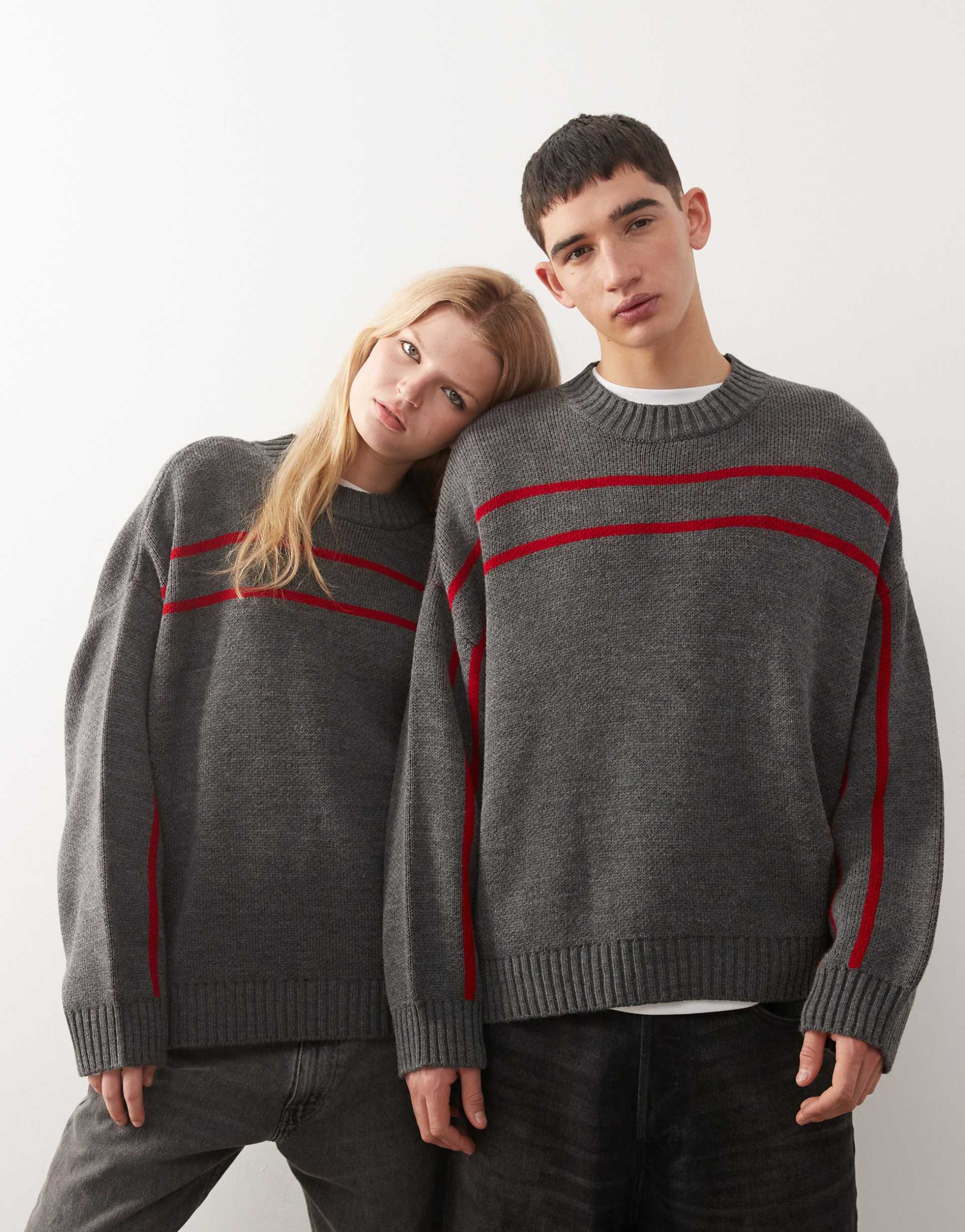 collusion unisex sweater in gray with red stripes