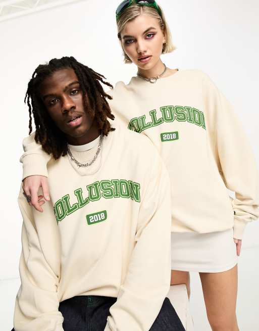 COLLUSION Unisex – Sweatshirt in Ecru mit College-Logo 