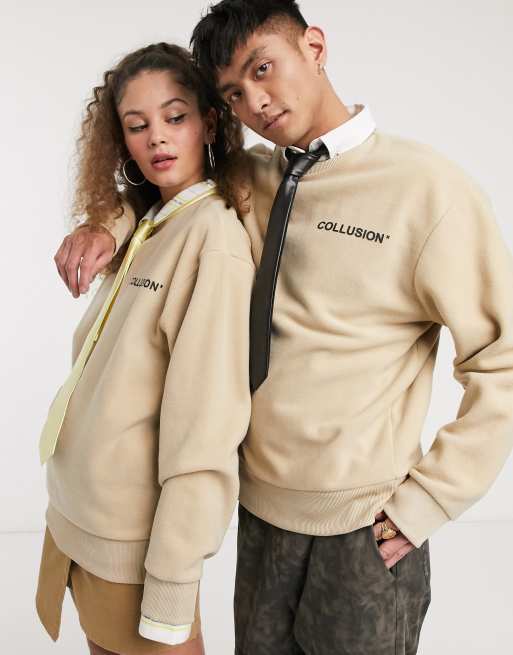 COLLUSION Unisex sweatshirt in fleece fabric with logo embroidery in stone