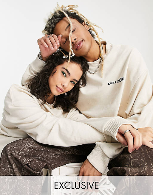  COLLUSION Unisex sweatshirt with logo print in oatmeal 