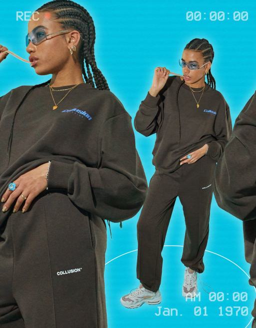 COLLUSION Unisex wide leg joggers and sweatshirt with raised logo print co-ord -, 3 of 3