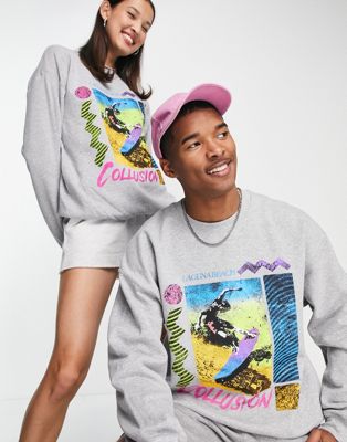 COLLUSION Unisex sweatshirt with surf print in grey marl