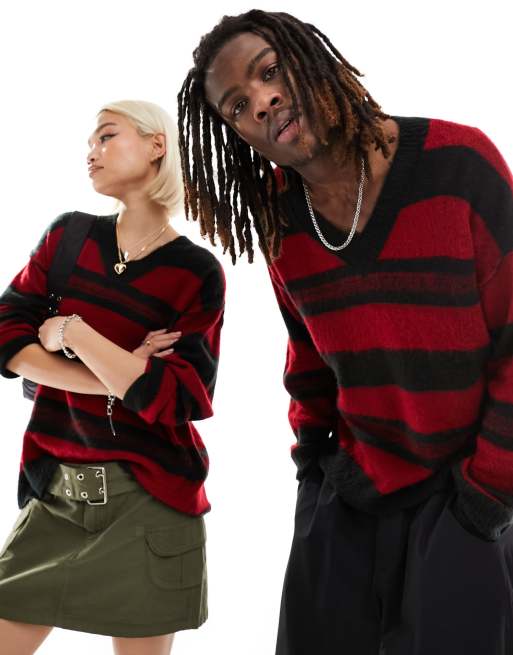 COLLUSION Unisex – Sweter oversize z dekoltem w kształcie litery V w czerwono-czarne paski