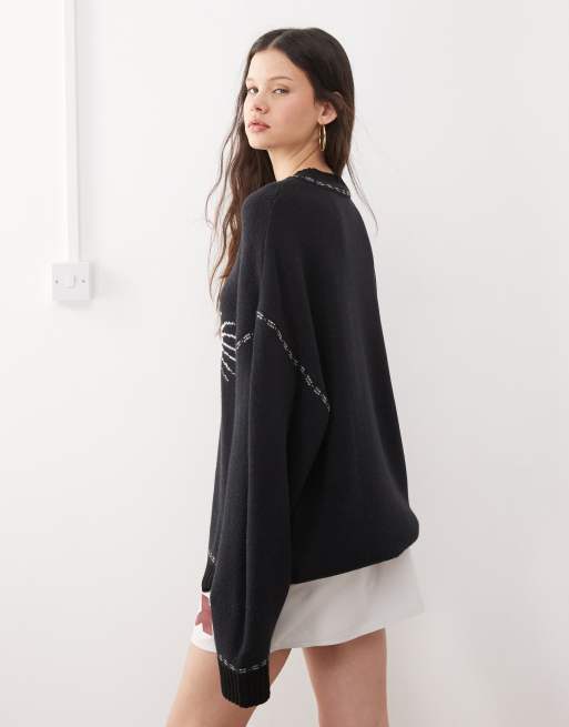 COLLUSION Unisex – Sweter z dzianiny z nadrukiem szkieletu ryby, 3 z 4