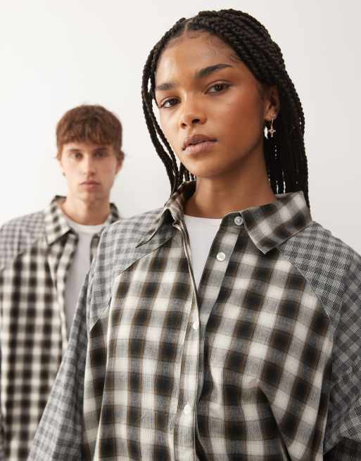COLLUSION Unisex – Szara koszula oversize z łączonych materiałów w kratę, 4 z 4