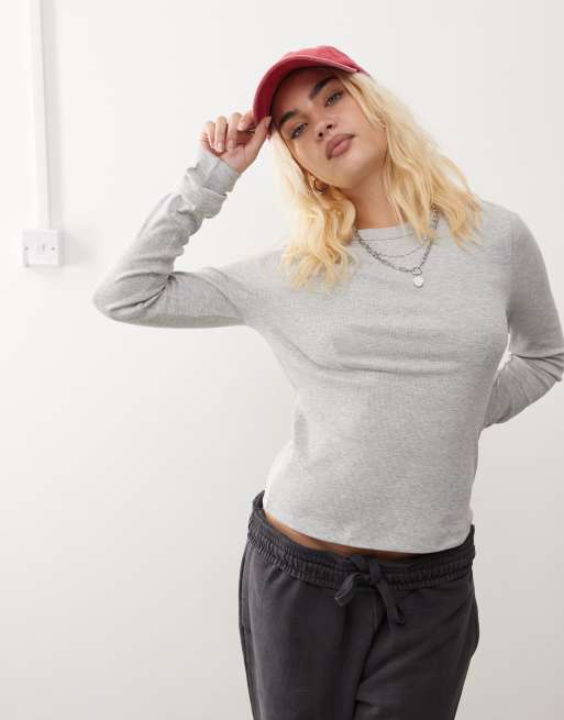 COLLUSION Unisex – Szary melanżowy prążkowany T-shirt z długimi rękawami o dopasowanym kroju