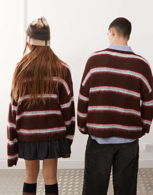 COLLUSION Unisex – Szczotkowany sweter oversize z okrągłym dekoltem w fioletowe paski, 4 z 4