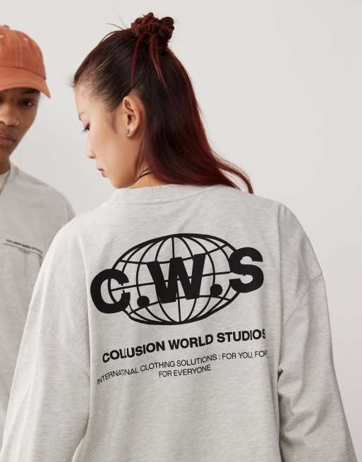 COLLUSION Unisex - T-shirt à imprimé graphique et manches longues - Gris chiné , 3 de 4