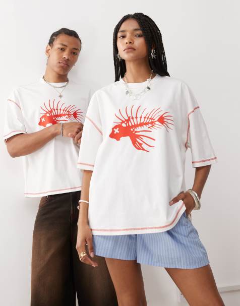 COLLUSION Unisex - T-shirt à imprimé poisson et coutures fantaisie - Blanc - view 1