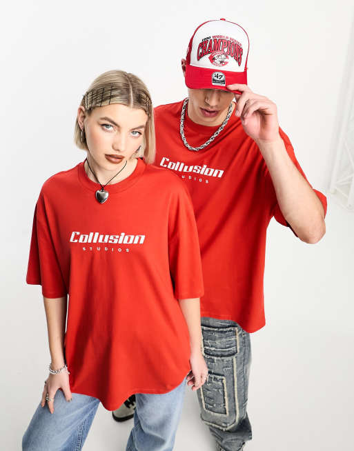 COLLUSION Unisex - T-shirt à manches courtes et logo - Rouge 