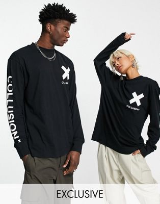 COLLUSION Unisex - T-shirt à manches longues en coton biologique à logo - Noir