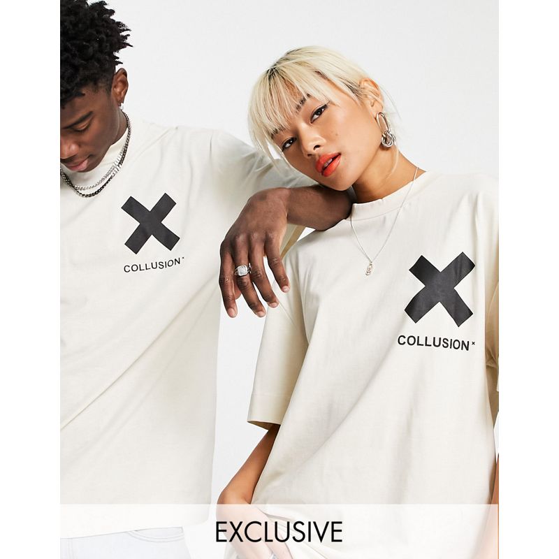 COLLUSION Unisex – T-Shirt aus Baumwolle mit Logo in gebrochenem Weiß