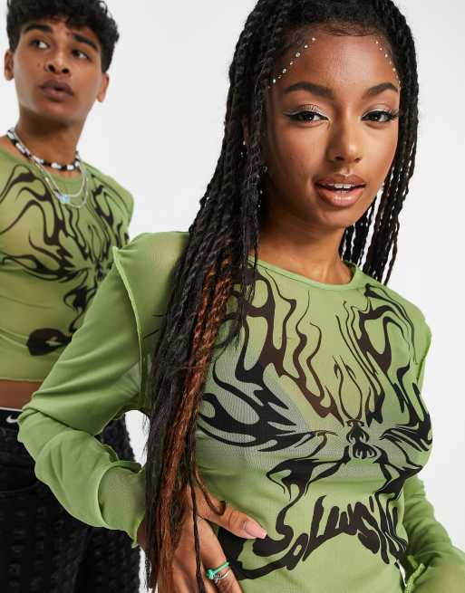 COLLUSION Unisex - T-shirt corta a maniche lunghe in rete verde con stampa