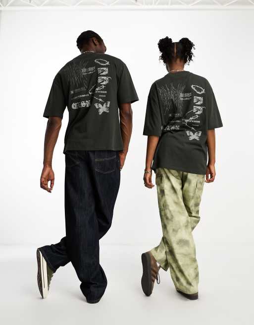 COLLUSION Unisex – T-Shirt in Anthrazit mit Grafik-Rückenprint