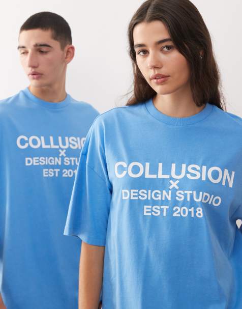 COLLUSION Unisex t-shirt in blue with central logo print in white - view 1