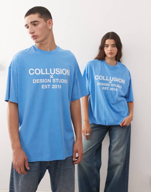 COLLUSION Unisex t-shirt in blue with central logo print in white, 3 of 4