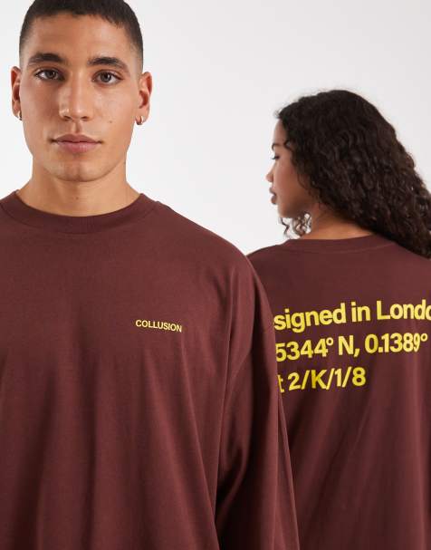COLLUSION Unisex t-shirt in brown with yellow logo