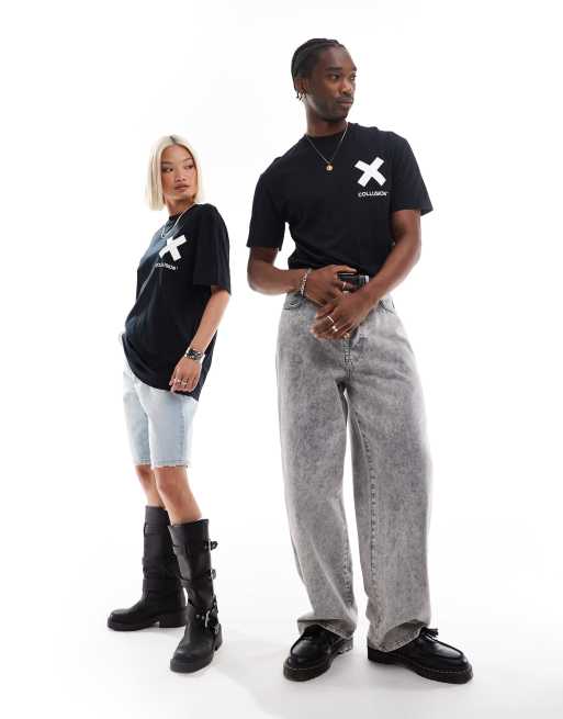 COLLUSION Unisex - T-shirt in cotone nera con logo, 3 di 4