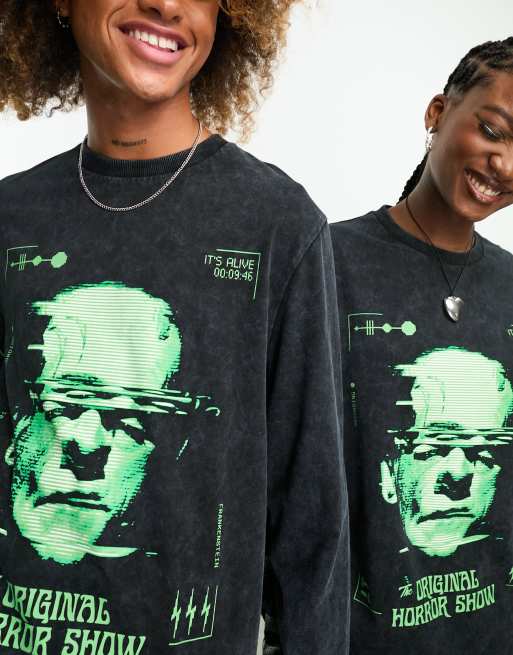 COLLUSION Unisex – T-Shirt in Grau mit lizenziertem Frankenstein-Print