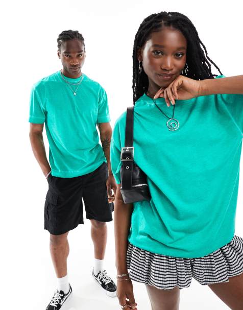 COLLUSION Unisex T-shirt in green oil wash - view 1
