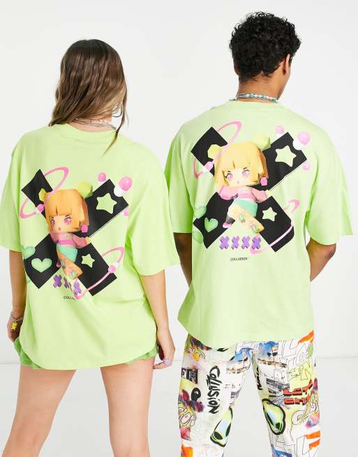 COLLUSION Unisex – T-Shirt in Grün mit Charakter-Logoprint am Rücken
