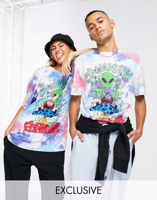 COLLUSION Unisex - T-shirt in multi tie-dye met alienprint