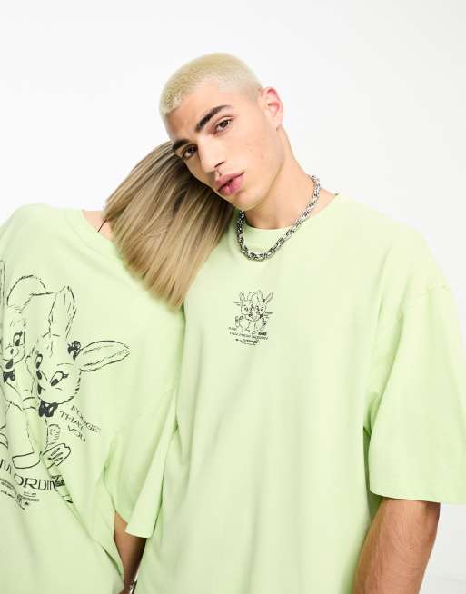 COLLUSION Unisex - T-shirt in piqué lime con stampa di coniglietti sul retro 