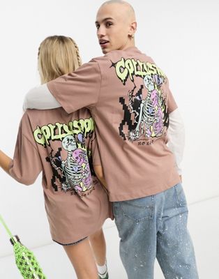 COLLUSION Unisex pique t-shirt with skeleton print in brown - ASOS Price Checker