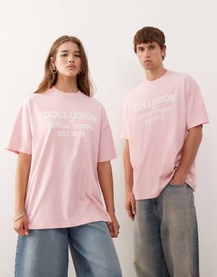 COLLUSION Unisex - T-Shirt in Rosa mit Logo-Print