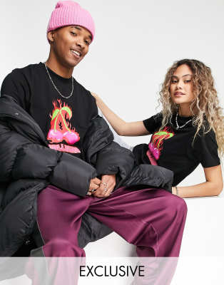 COLLUSION Unisex slim fit t-shirt with cherry flames print in black - ASOS Price Checker