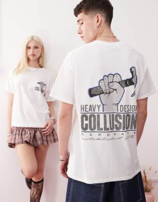 COLLUSION Unisex - T-Shirt in Weiß mit Hammergrafik