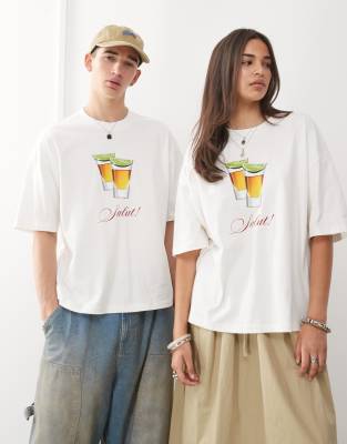 COLLUSION Unisex - T-Shirt in Weiß mit Kurze-Print