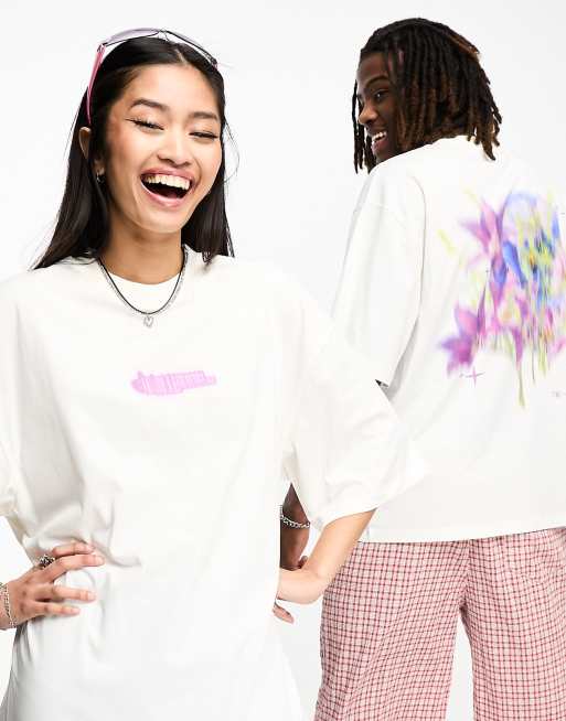 COLLUSION Unisex – T-Shirt in Weiß mit verschwommenem Blumen-Grafikprint